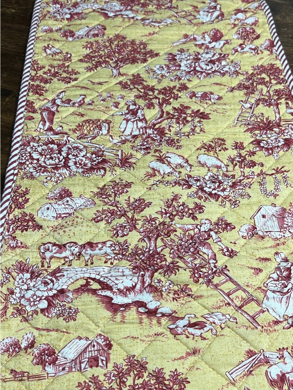 Source Unknown Red and Yellow Toile Quilted Table Runner